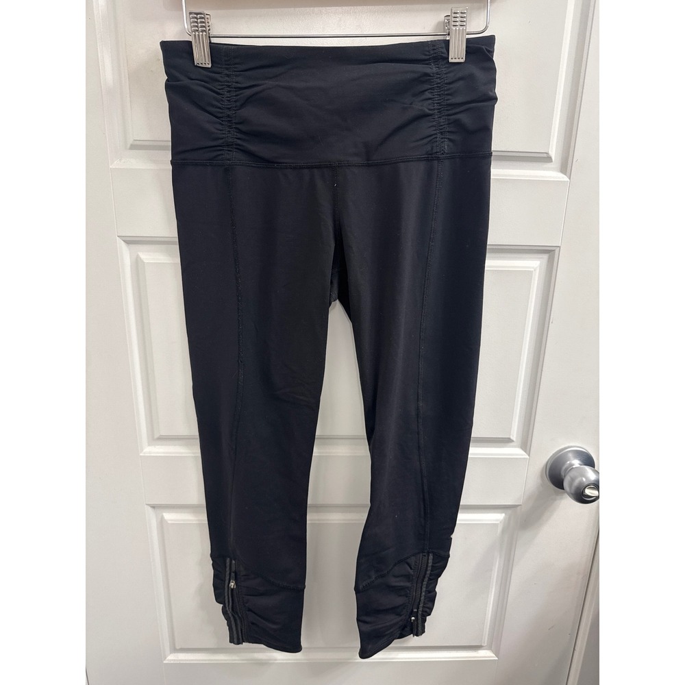 Lululemon Black Turbo Run Crop Leggings Ruched Zipper Hem Size 6